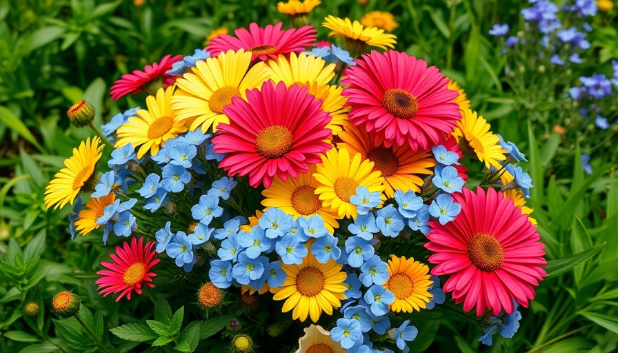 Colorful wildflower arrangement with daisies and blue blooms.