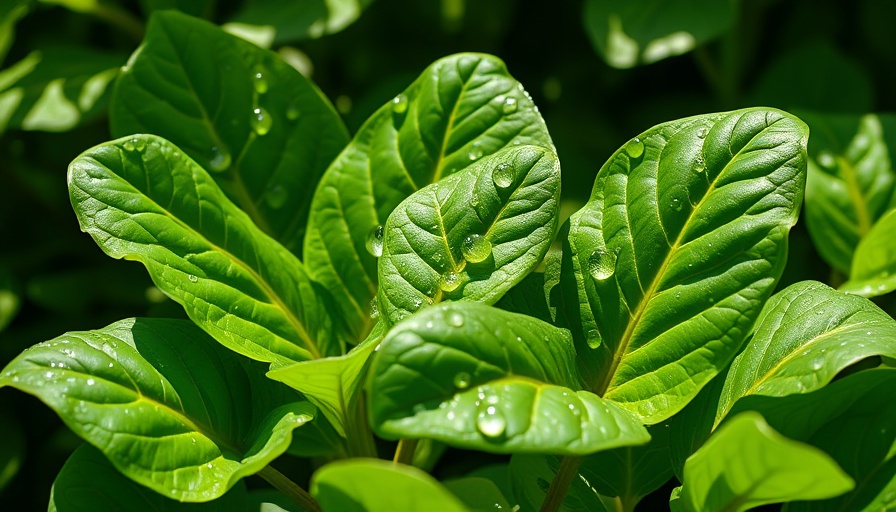 Close-up of vibrant Malabar spinach leaves with water droplets.