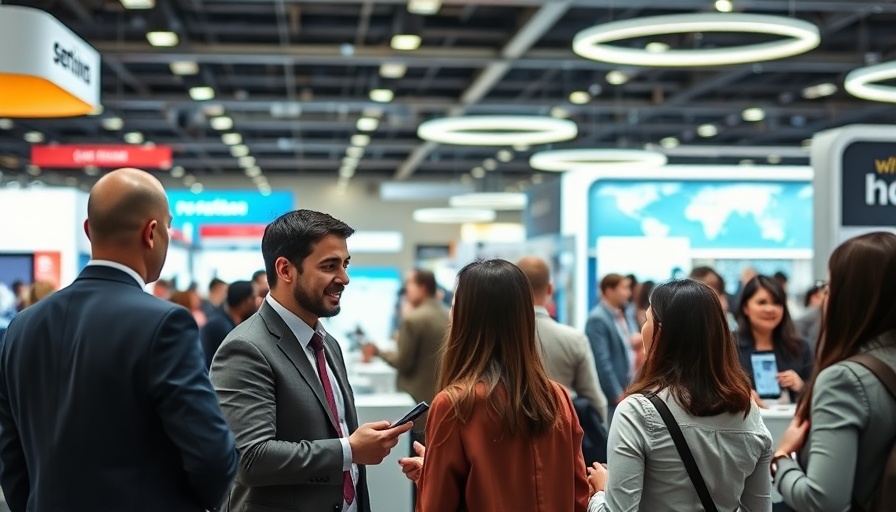 Tech business startups discussion at conference booth, engaging interaction.
