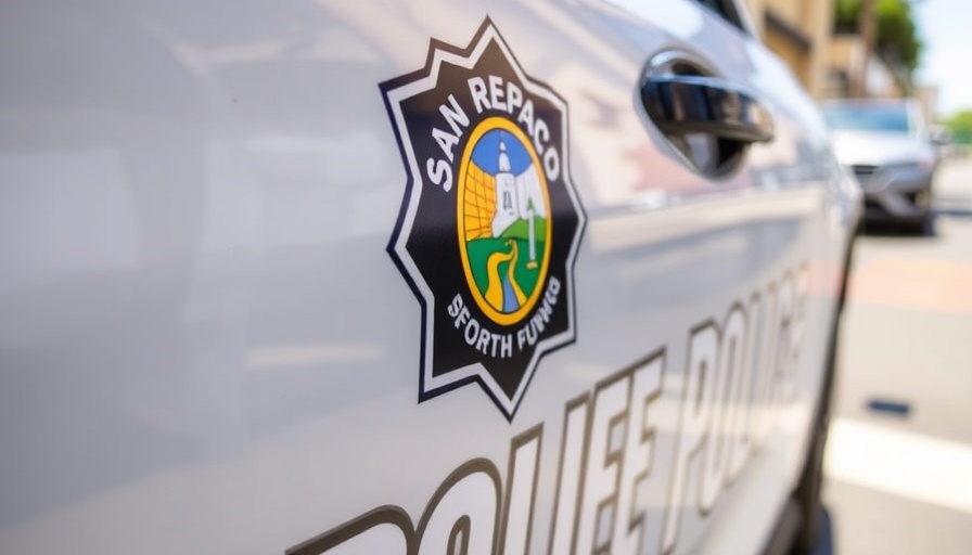 San Rafael police car door with city emblem in daylight