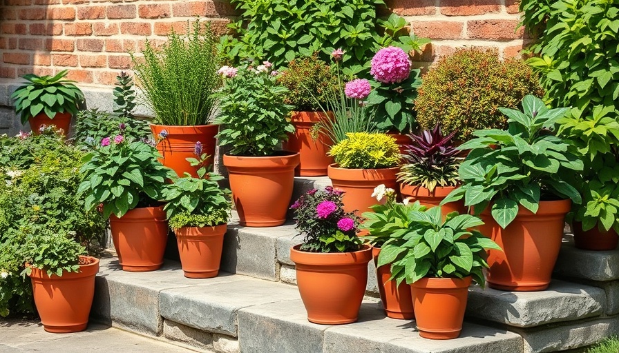 Container gardening with terracotta pots on garden steps.