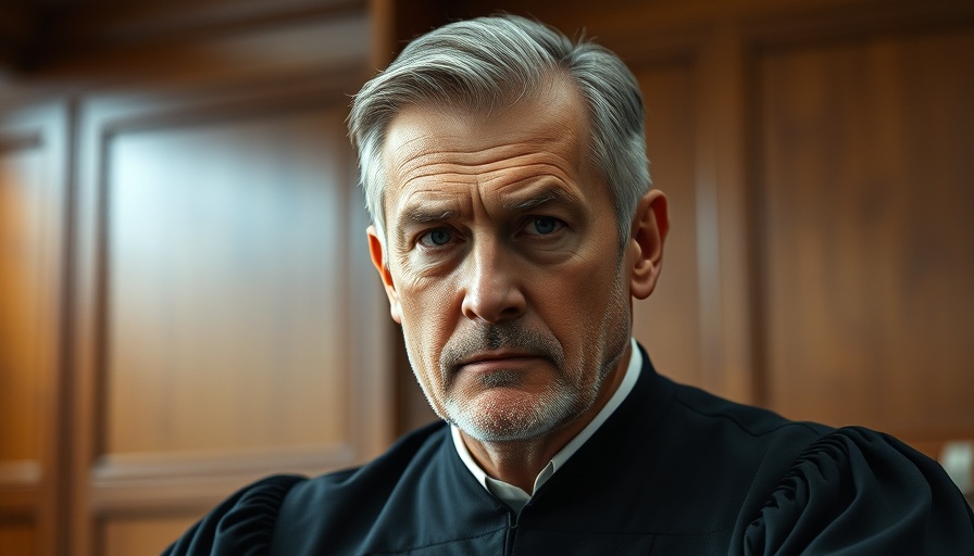 Judge in courtroom with focused expression, representing legal ruling.