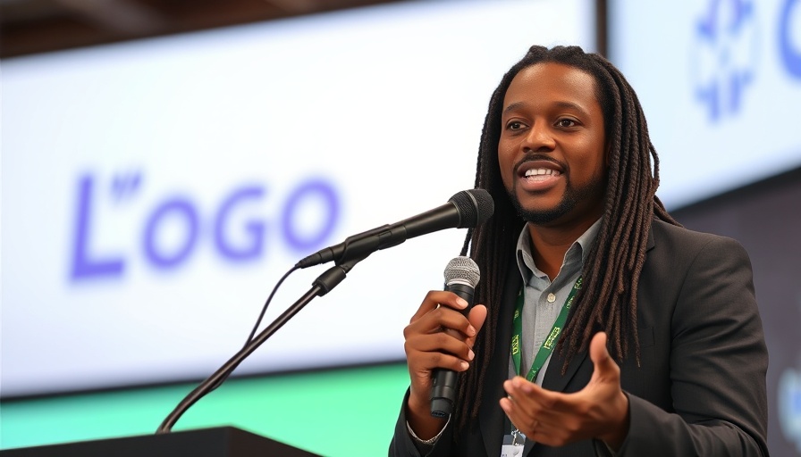 Confident speaker discusses business success at conference.