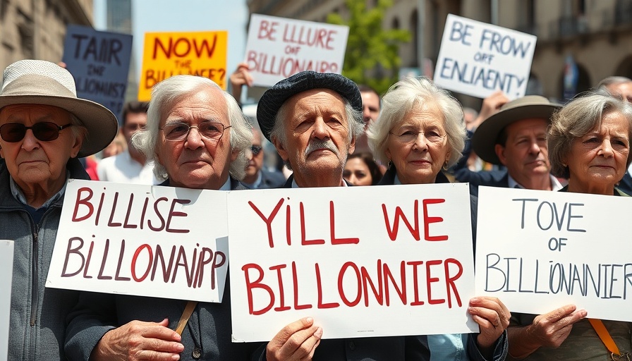 Protestors with signs against billionaire, city protest scene