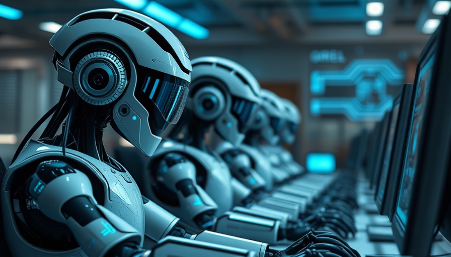 Futuristic robots in AI job displacement context operating computers.