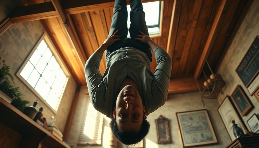 Dramatic scene of man hanging upside down in a rustic room, Novocaine Movie Review.