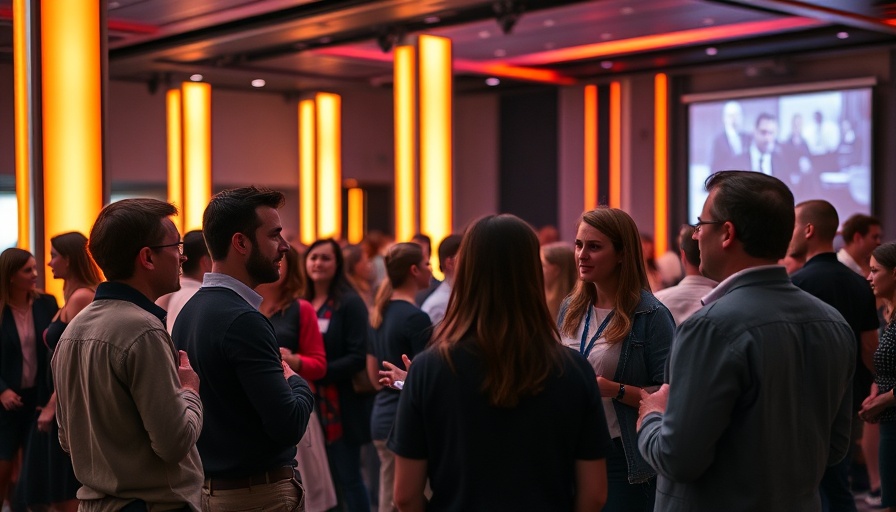 Relaxed attendees at Bay Area event in modern LED-lit room.