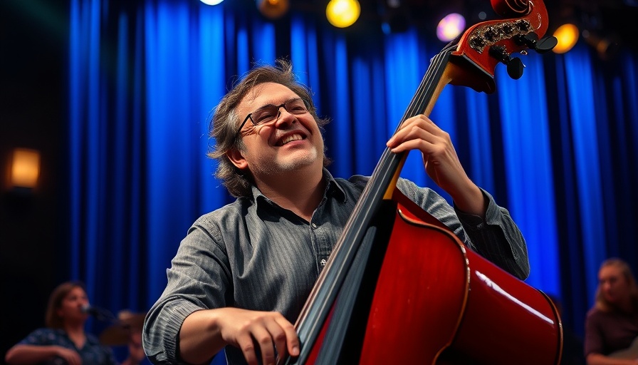 Musician playing double bass at live concert with blue curtain backdrop.