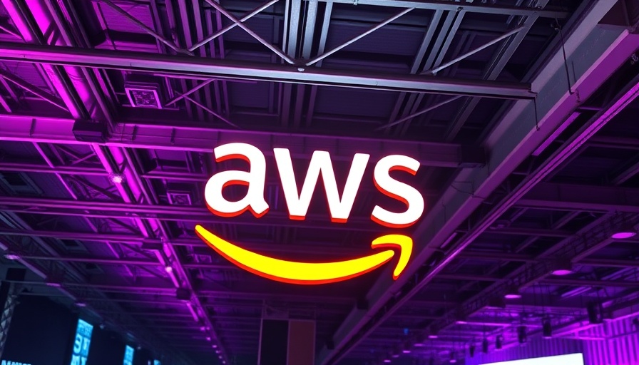 AWS logo at tech event with vibrant lighting.