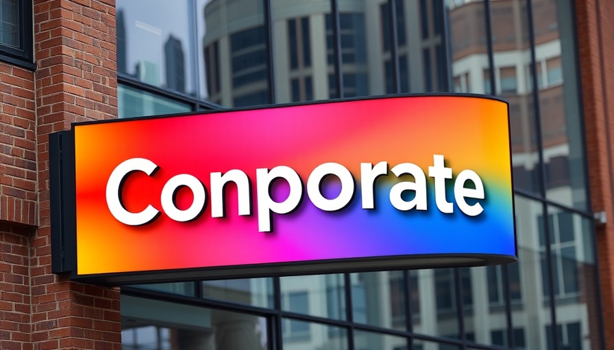 Colorful facade of modern office building with logo sign.