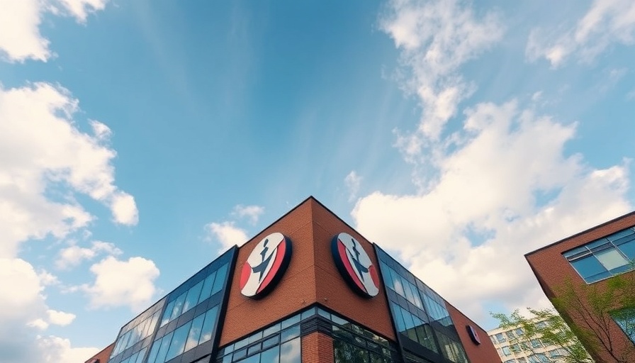 Modern corporate building with a prominent logo, related to synthetic data for startups.