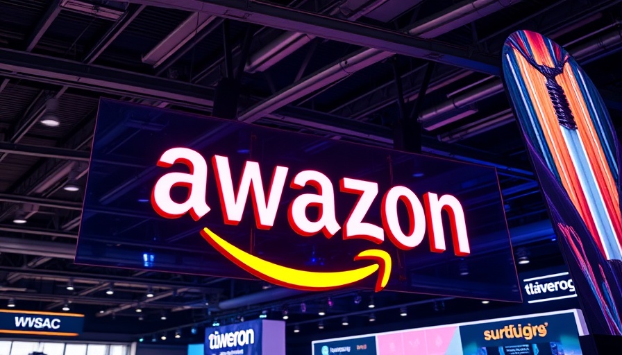AWS logo in vibrant neon display at tech exhibition.