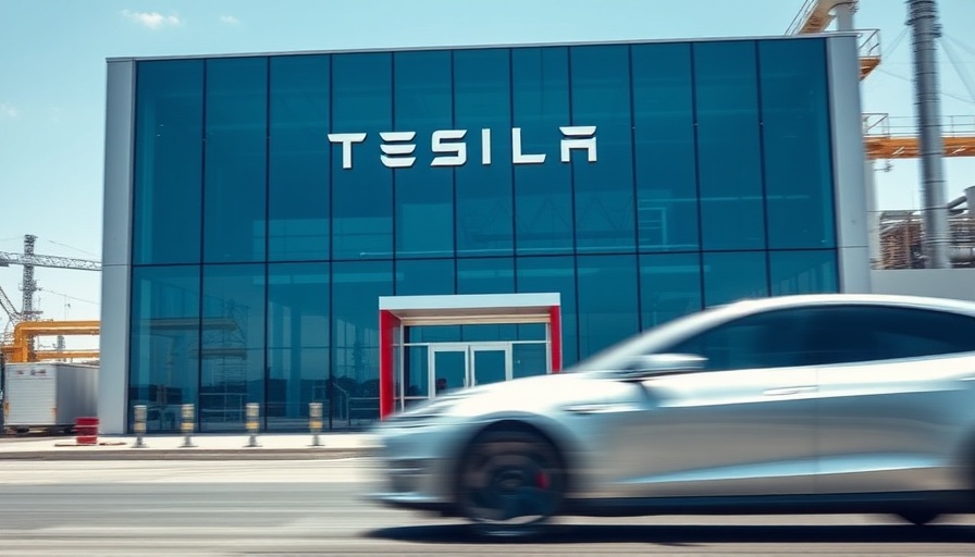 Tesla building with car, reflective windows and logo.