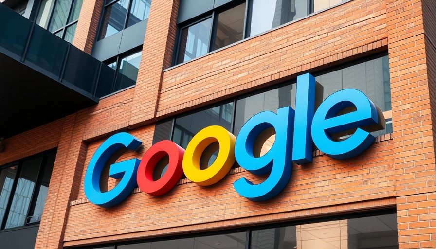 Colorful Google logo on building, daytime view.