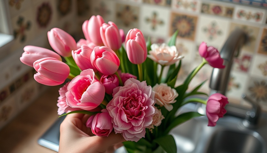 Trimming spring flowers for homes in a kitchen setting.