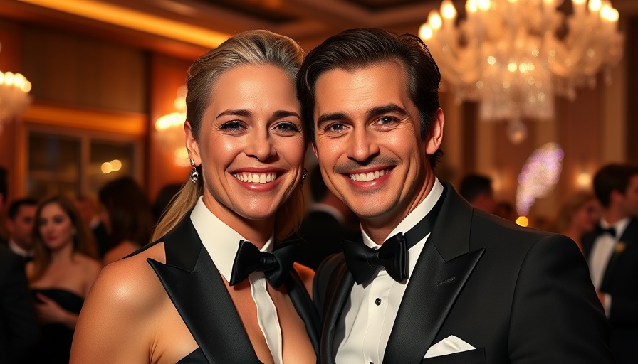 Elegant couple at glamorous event in black tie attire.