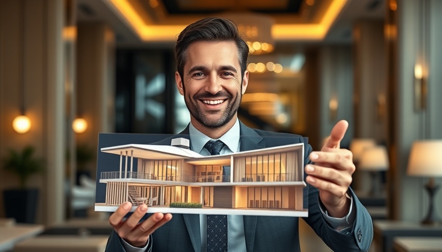 Businessman with architectural plans, confident display.