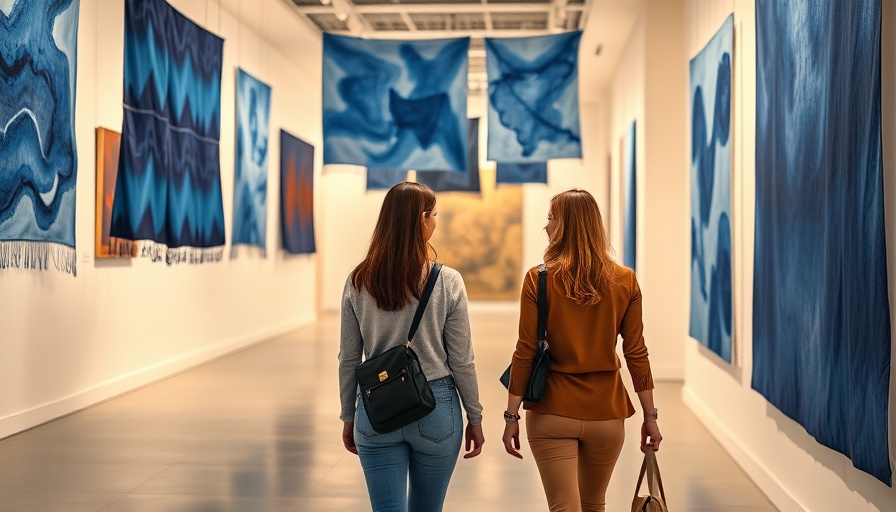 Art exhibitions in Marin featuring two women in a gallery with blue art panels.