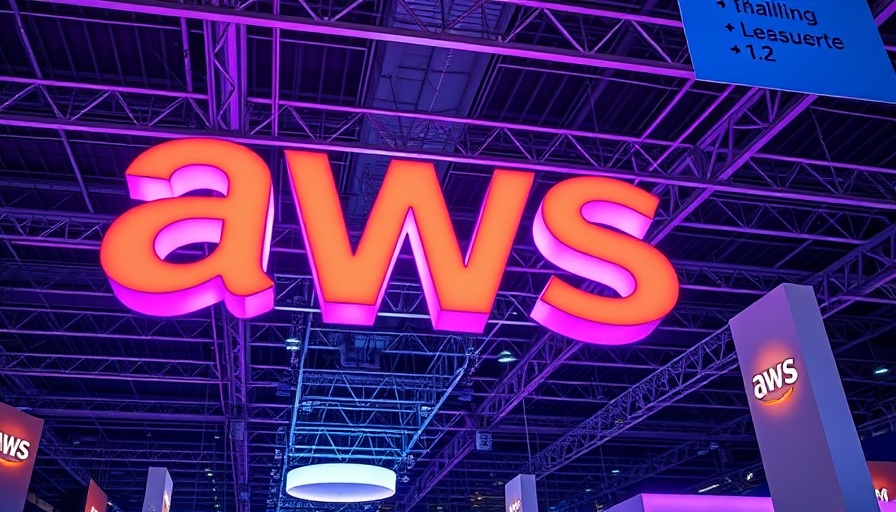 Glowing AWS logo at tech event with vibrant lighting.