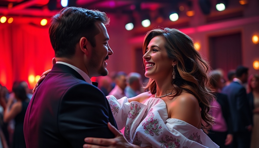 Joyful moment between a couple on stage with soft lighting.