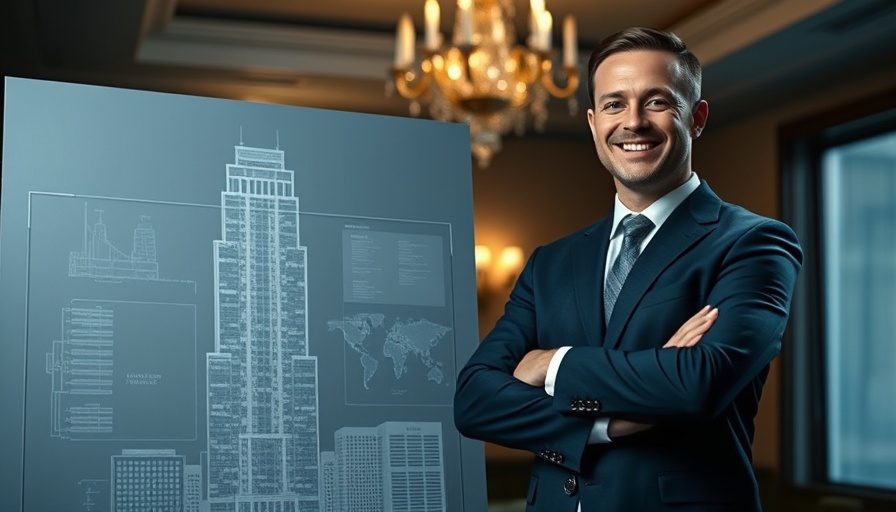 Smiling man with building blueprint in an elegant room.