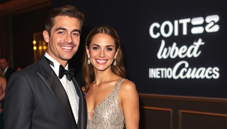 Elegant couple smiling in tuxedo and dress at event.