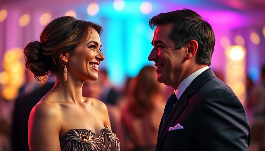 Joyful woman smiling at man during lively event with colorful background.
