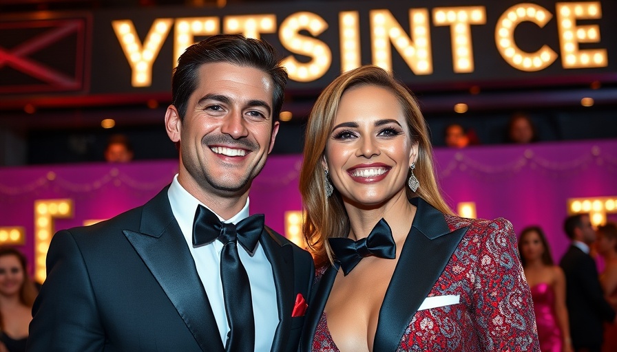 Elegant Hollywood couple at glamorous event, vibrant atmosphere