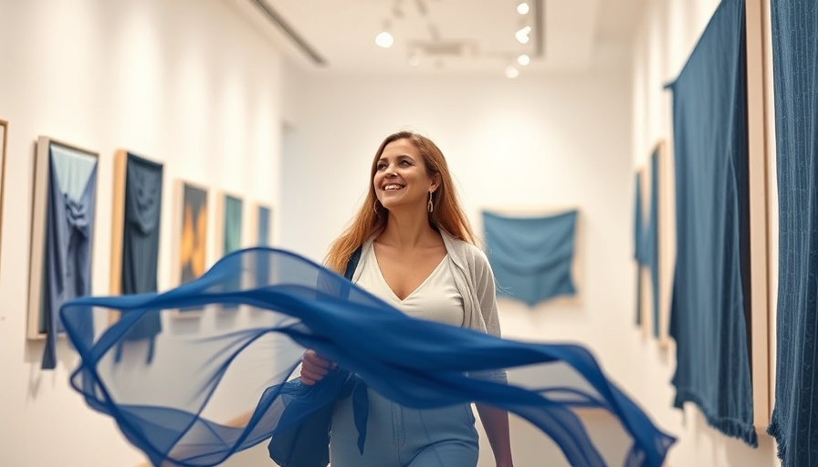 Women in art gallery with hanging blue fabrics, artworks in Marin.