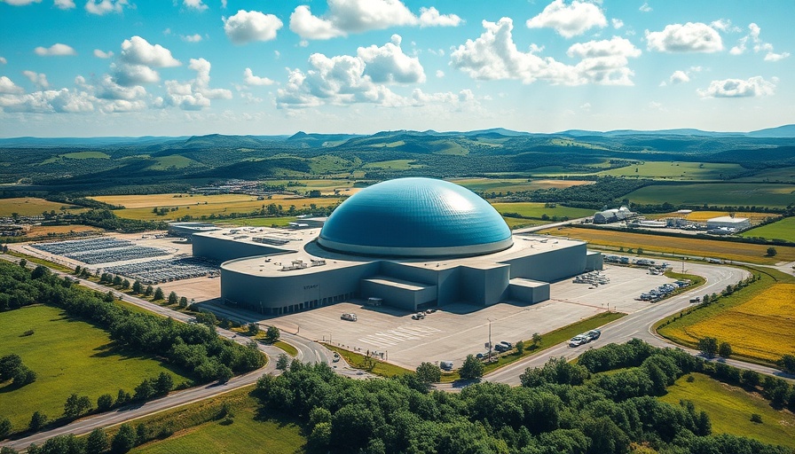 Modern industrial facility in green landscape, corporate responsibility for climate change focus.