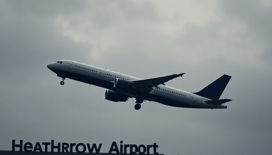 Airplane over Heathrow Airport sign under gray sky, highlighting travel.
