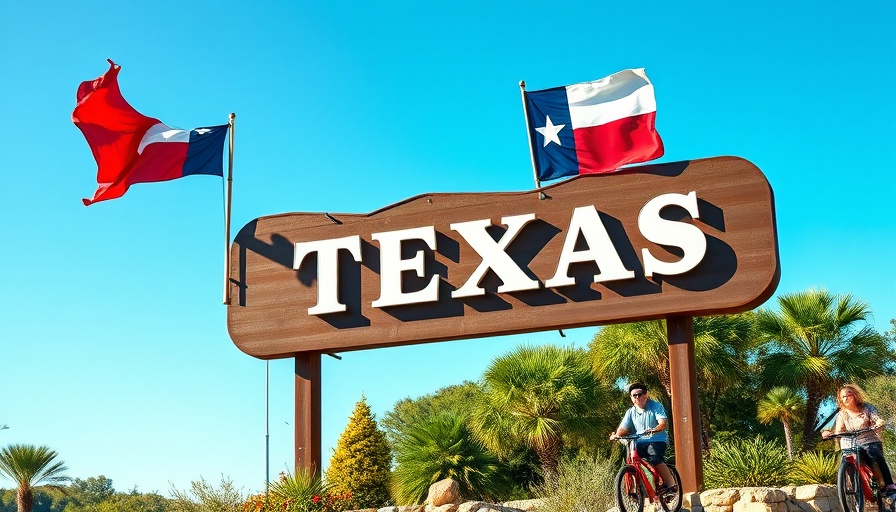 Texas welcome sign with state flag and slogan.