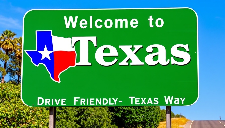 Welcome to Texas sign highlighting friendly driving culture.