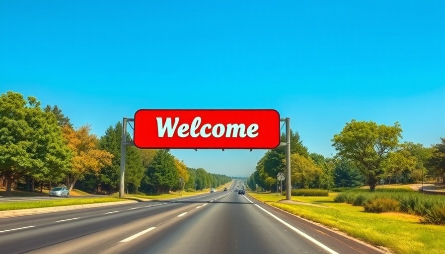 Highway welcome sign in Virginia with trees and a clear sky.