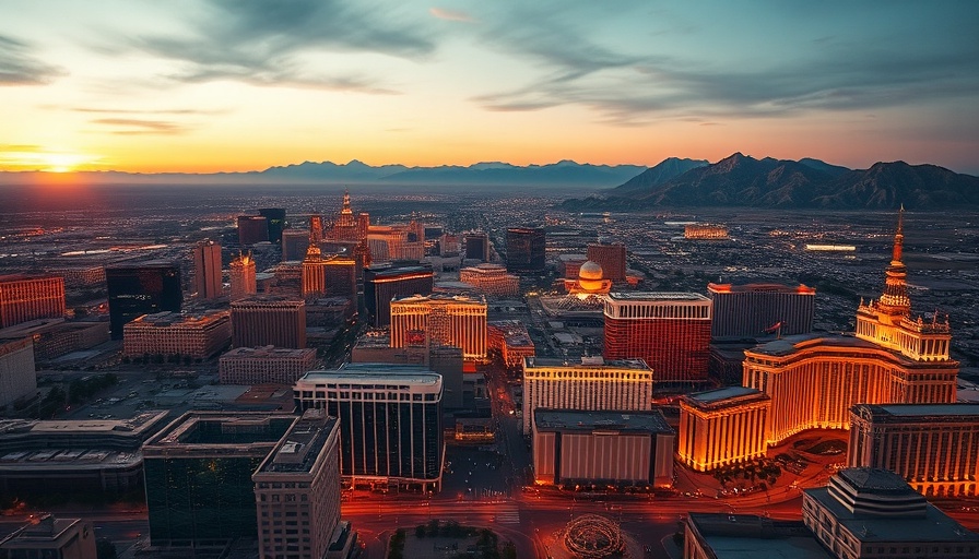 Aerial view of Las Vegas cityscape at sunset.