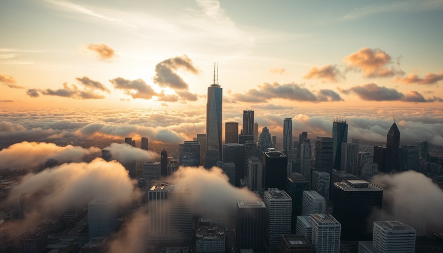 Aerial view of Houston skyline amidst clouds at sunset.