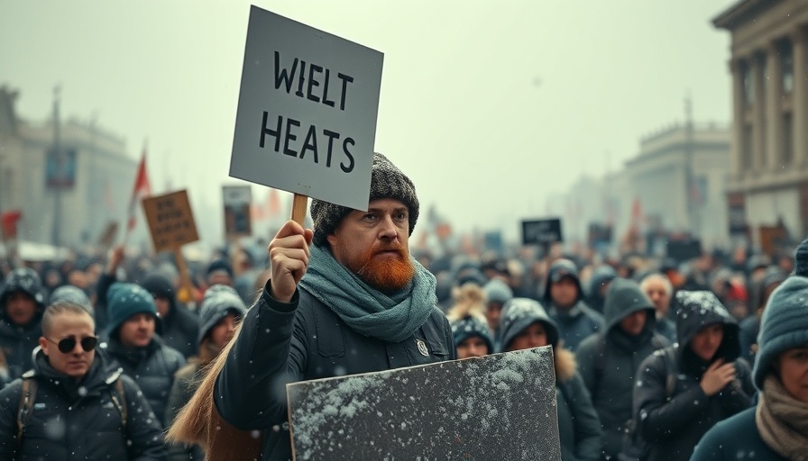 Protestor holding sign in snowy demonstration.
