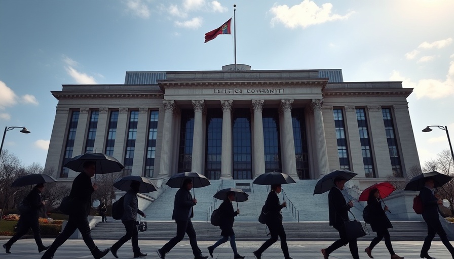 China holds benchmark lending rates steady, people walk by government building.