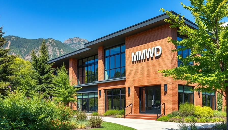 Marin Municipal Water District headquarters, brick building with MMWD sign and greenery in foreground.