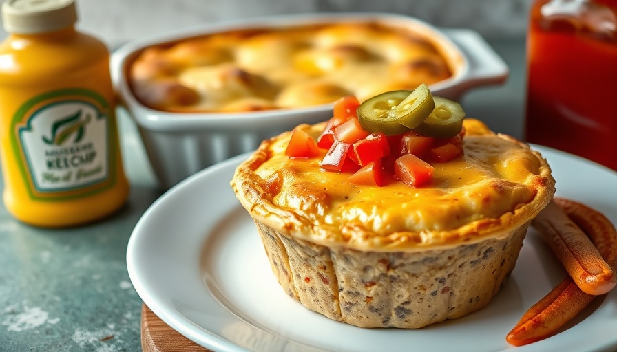 Cheeseburger pot pie recipe with toppings and condiments.