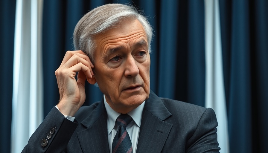 Concerned man in suit, Fed cuts US growth forecast, soft lighting.