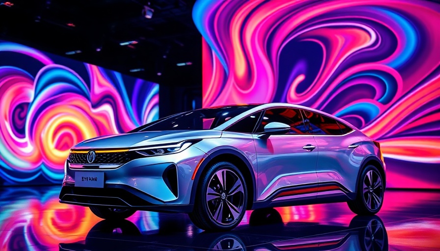 BYD Han car with futuristic digital art background at auto show.