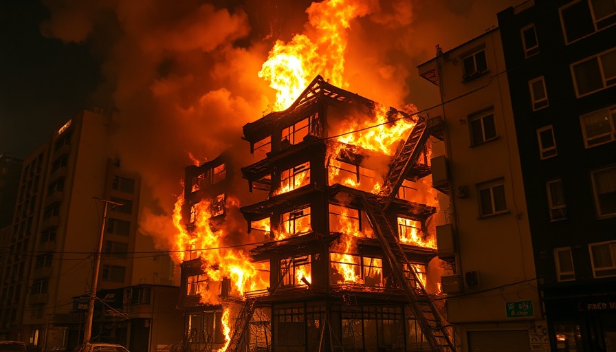 Fire engulfing a damaged building at night with thick smoke