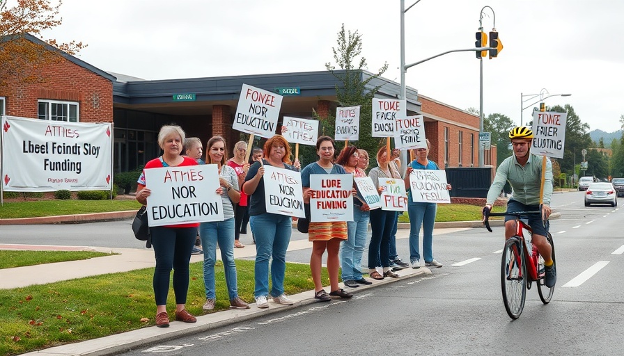 Adults protest for public education funding near a school.
