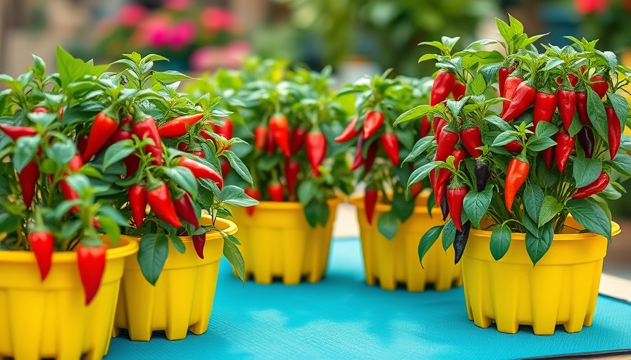Vibrant chili peppers in yellow containers for growing vegetables in containers.