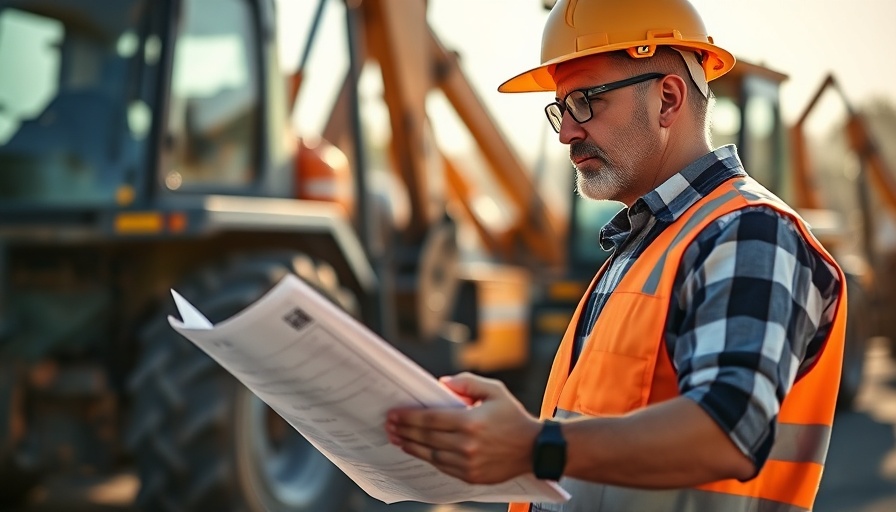 Attentive worker reviewing equipment financing documents outdoors.