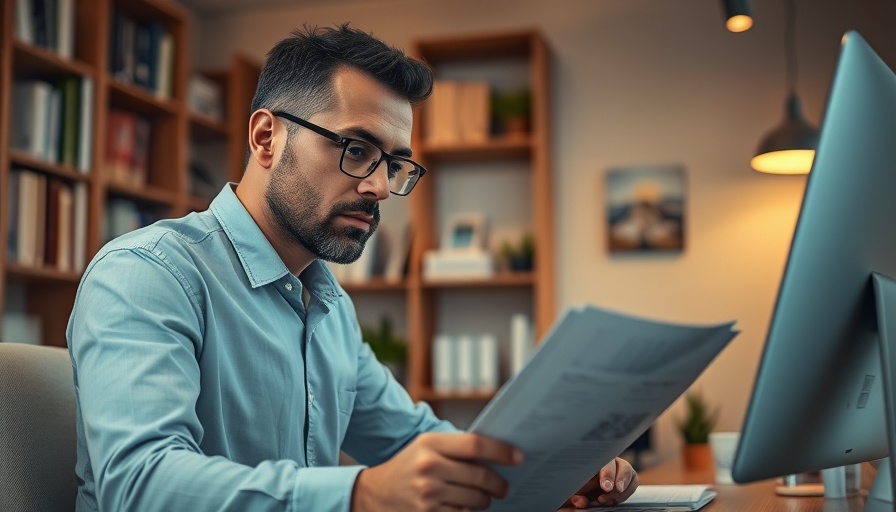 Businessman analyzing documents for invoice factoring in modern office.