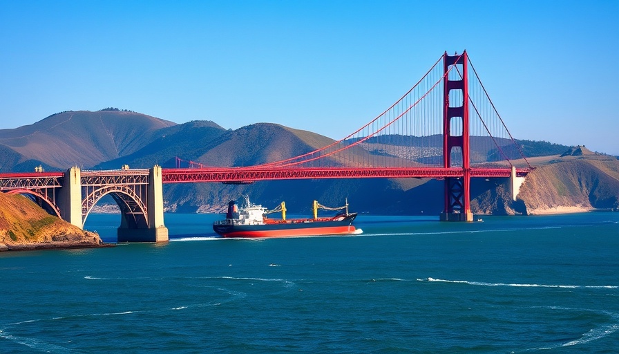 Golden Gate Bridge with cargo ship underneath, illustrating collapse risk.