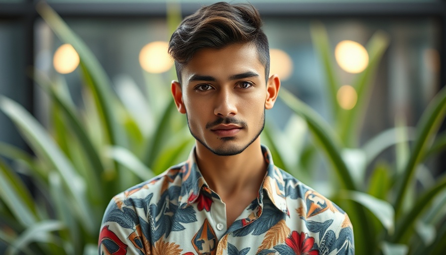 Young man posing confidently in artistic shirt, soft natural light.