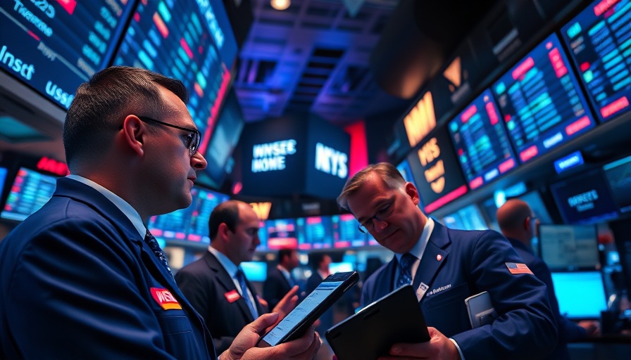 Stock traders analyzing data on bustling exchange floor.